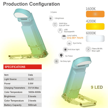 USB Rechargeable Book Light for Reading in Bed, Portable Clip-on LED Reading Light